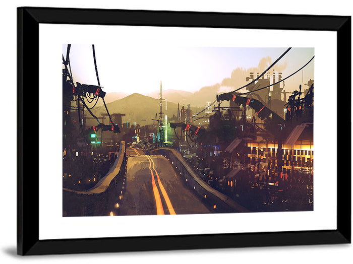 Futuristic Highway at Dusk Wall Art as a framed print