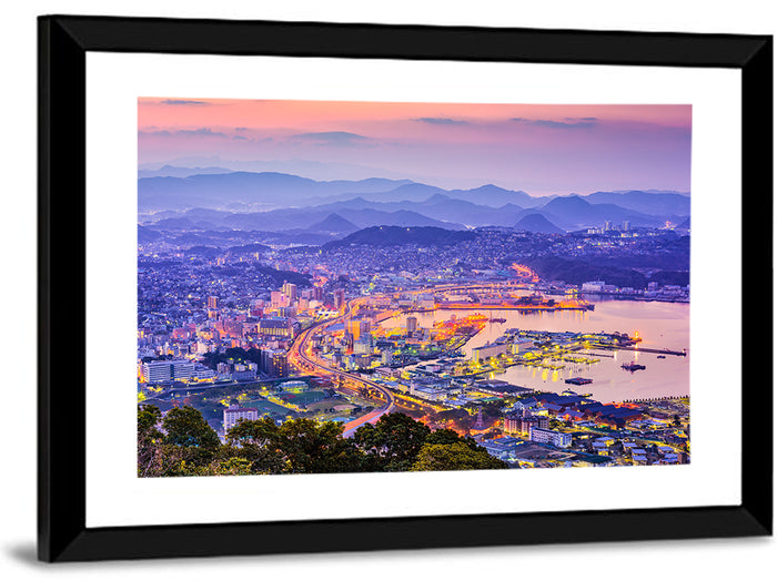 Sasebo Downtown Twilight Harbor Wall Art as a framed print