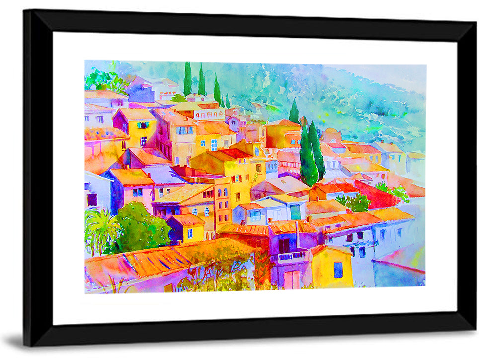 Mediterranean Hillside Watercolor Village Wall Art