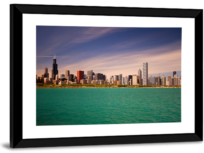 Chicago Skyline Above Lake Michigan Wall Art as a framed print