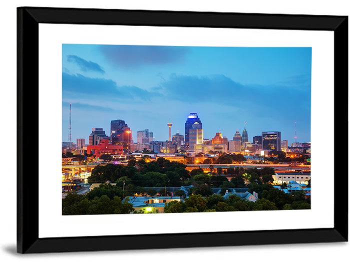 San Antonio Skyline at Dusk Wall Art as a framed print