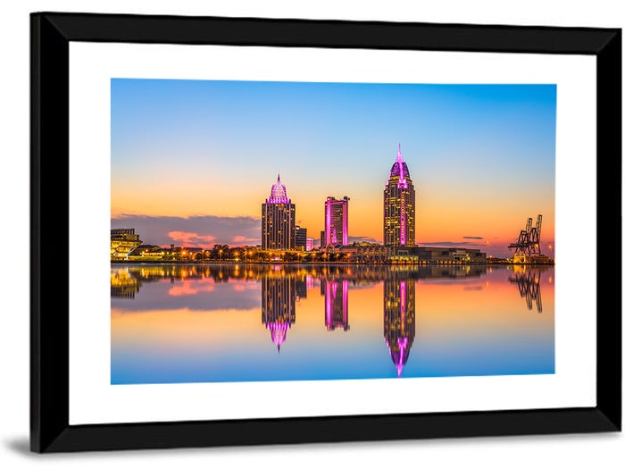 Mobile Alabama Sunset Skyline Wall Art as a framed print