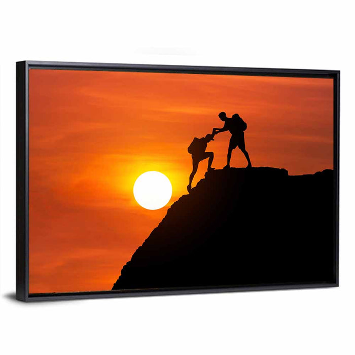 Mountaineer Silhouette at Sunset Wall Art as a framed canvas