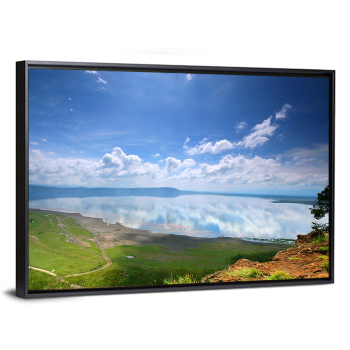 Lake Nakuru Cliffside Reflection Wall Art as a framed canvas