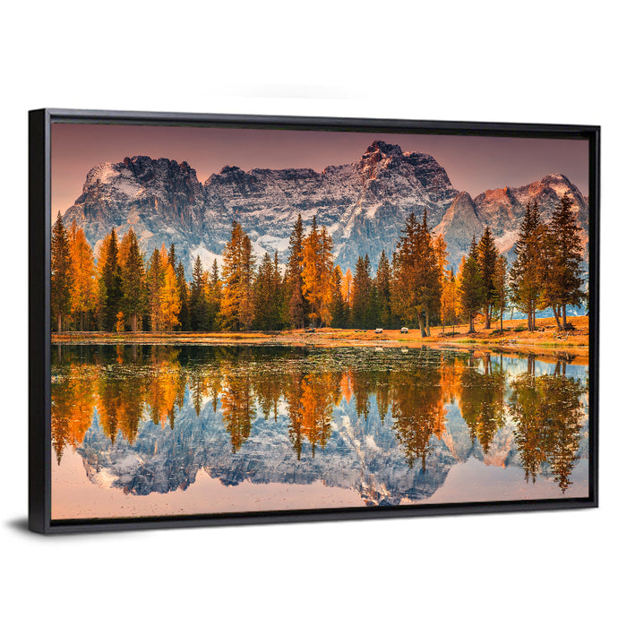 Antorno Lake Autumn Reflection Wall Art as a framed canvas
