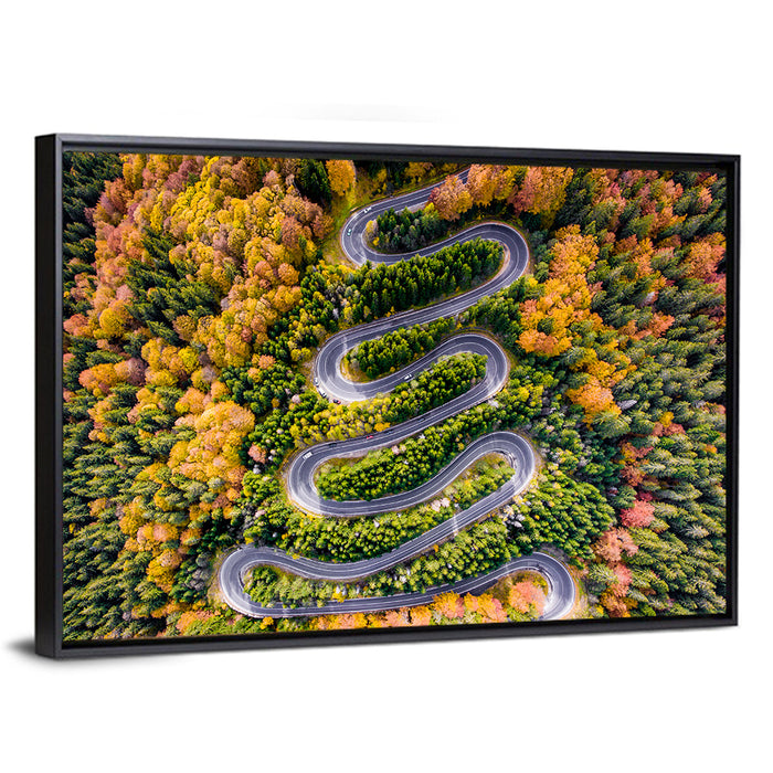 Autumn Winding Forest Road Wall Art as a framed canvas