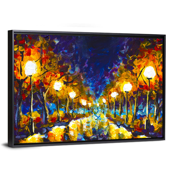 Autumn Evening Park Path Wall Art as a framed canvas