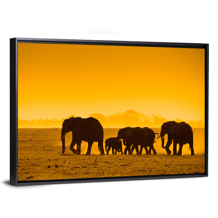 Elephant Family Silhouette Wall Art as a framed canvas