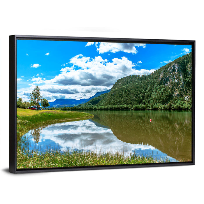 Lake Mjosa Reflection Wall Art as a framed canvas