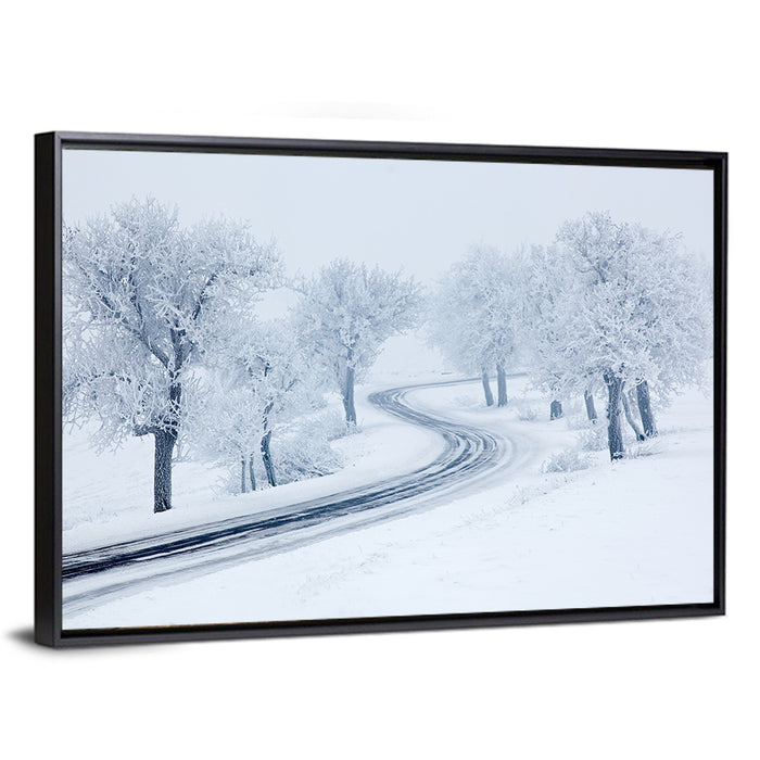 Misty Winter S-curve Road Wall Art as a framed canvas
