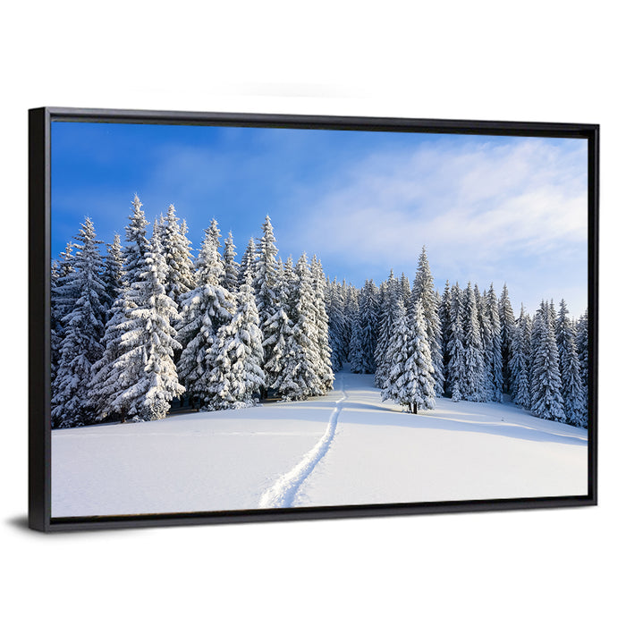 Snowy Mountain Forest Path Wall Art as a framed canvas