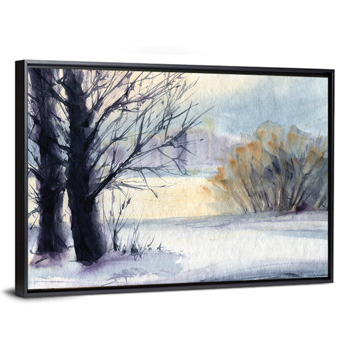 Bare Trees Winter Watercolor Wall Art as a framed canvas