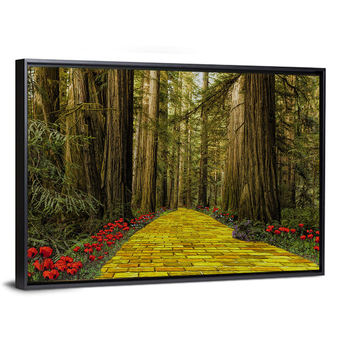 Yellow Brick Path Through Redwoods Wall Art as a framed canvas