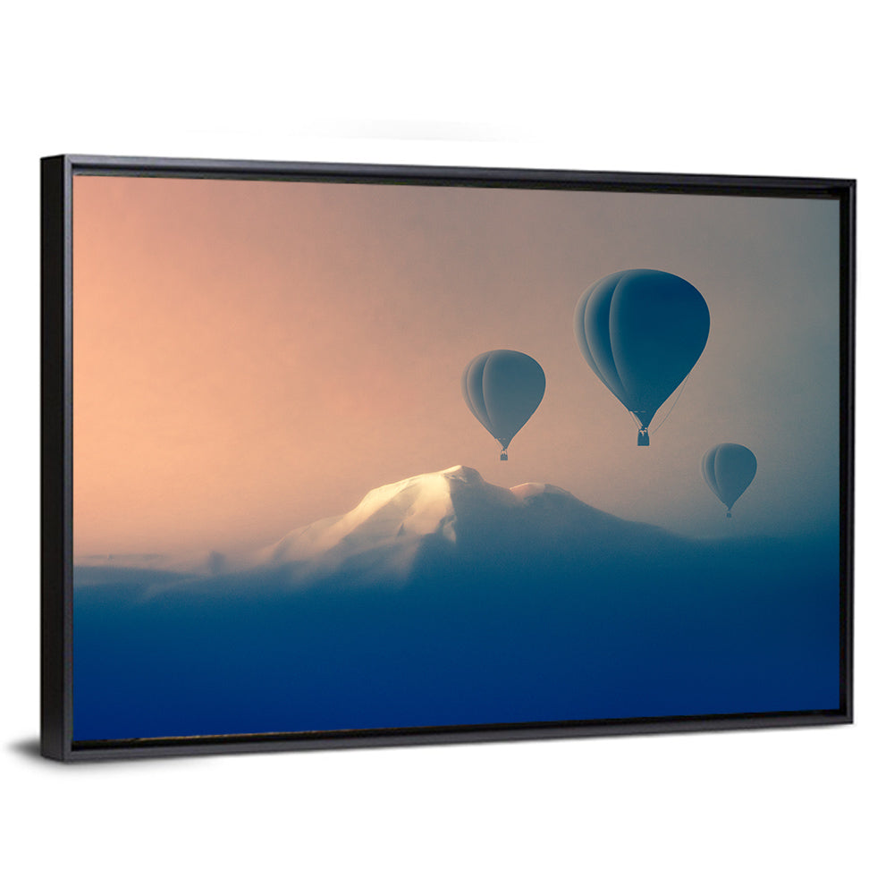 Three Hot Air Balloons Over Misty Peak Wall Art