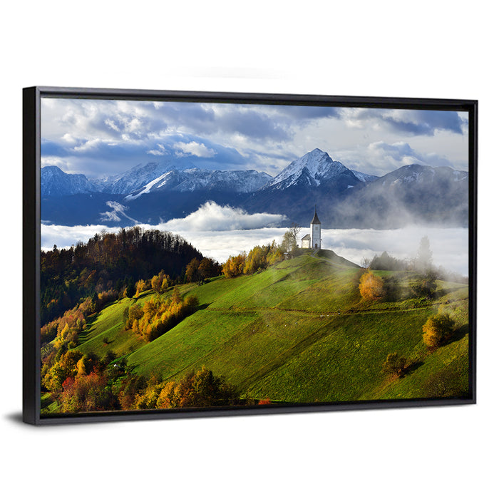 Jamnik Church on Misty Hill Wall Art as a framed canvas
