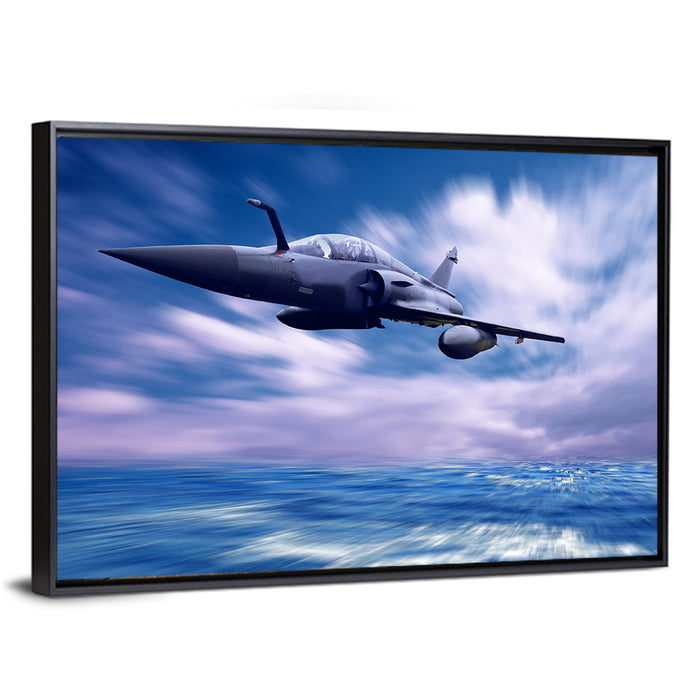 Supersonic Fighter Jet Over Ocean Wall Art as a framed canvas