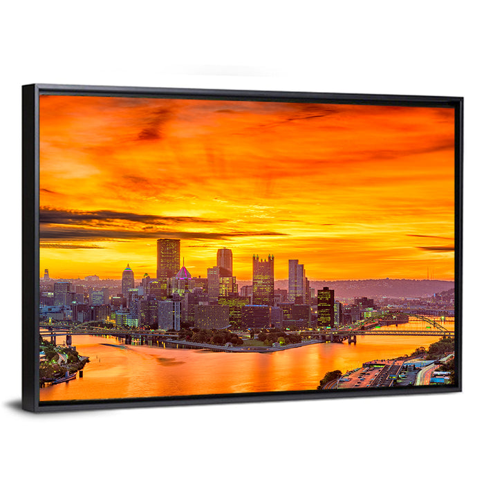 Pittsburgh Skyline at the Point Wall Art as a framed canvas