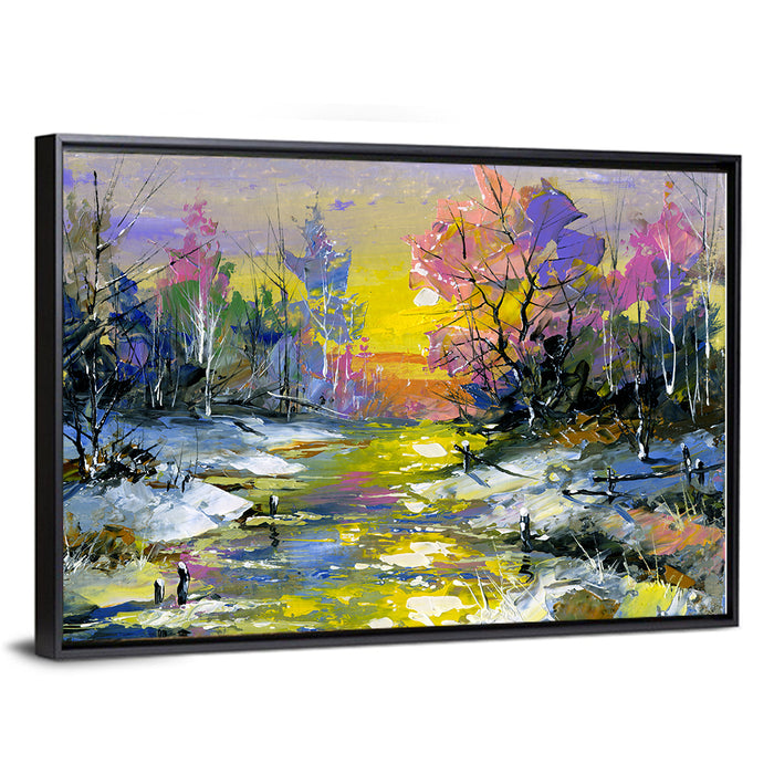 Golden Sunset Over Snowy Stream Wall Art as a framed canvas