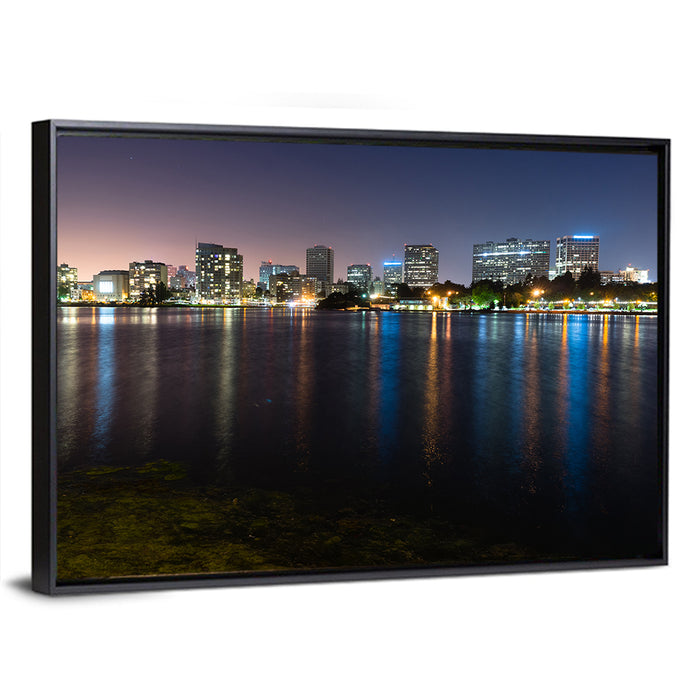 Oakland Skyline Over Lake Merritt Wall Art as a framed canvas