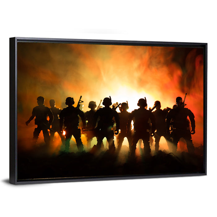 Silhouetted Infantry Line Wall Art as a framed canvas
