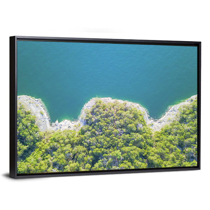 Lake Travis Shoreline Aerial Wall Art as a framed canvas