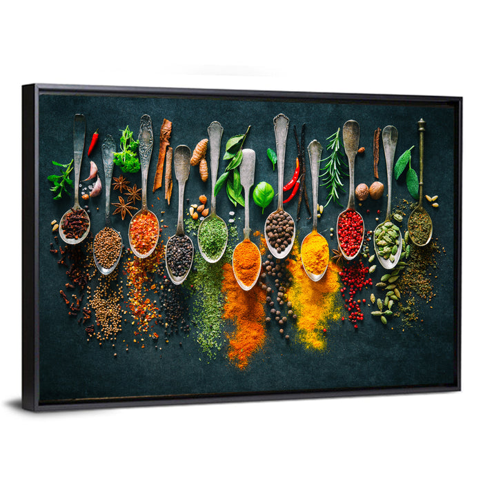 Assorted Spices and Spoons Wall Art as a framed canvas