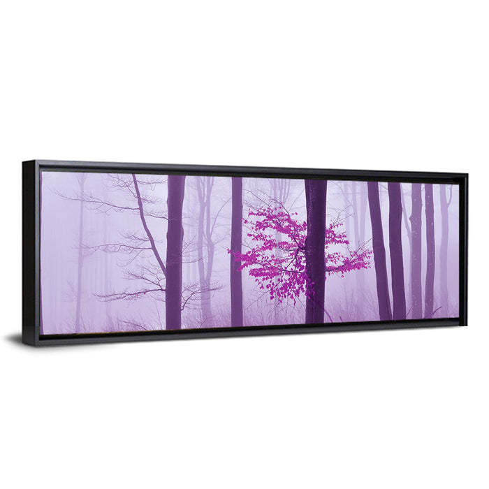 Magenta Tree in Foggy Forest Wall Art as a framed canvas