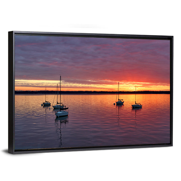 Lake Mendota Sailboats at Sunset Wall Art as a framed canvas