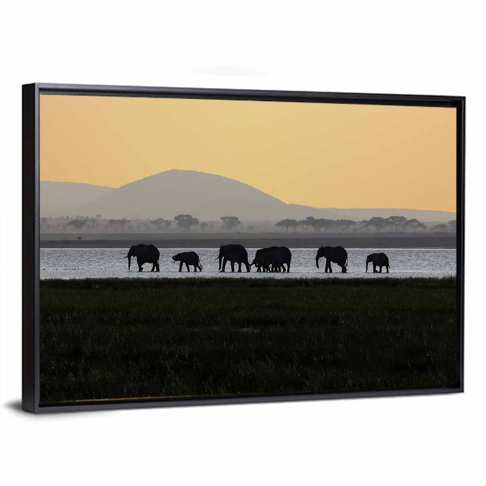 Amboseli Elephants at Golden Sunset Wall Art