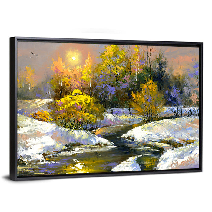 Sunlit Winter River Wall Art as a framed canvas