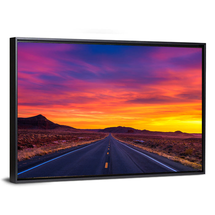 Infinite Desert Road Sunset Wall Art as a framed canvas