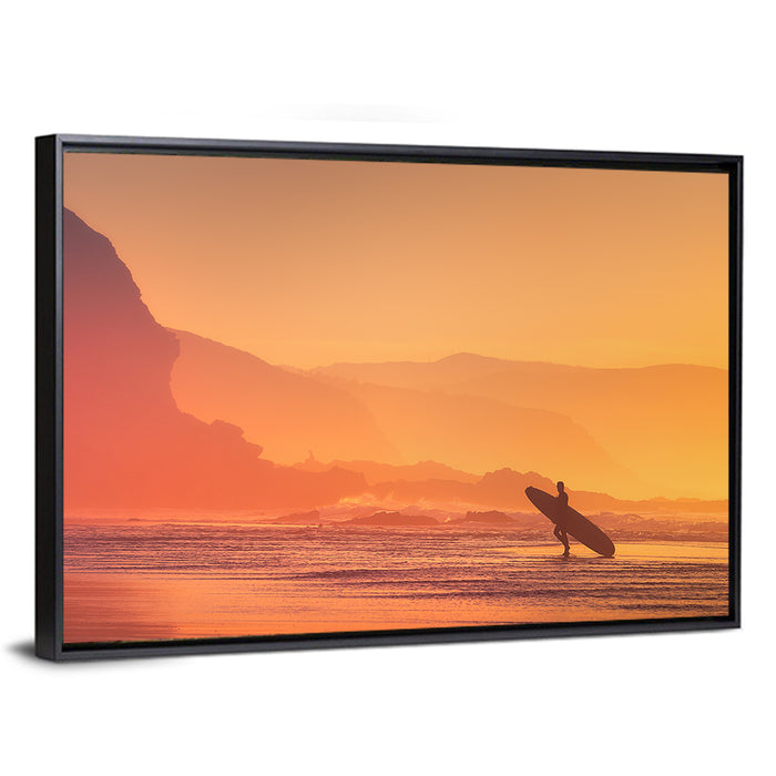 Surfer Silhouette at Golden Sunset Wall Art as a framed canvas