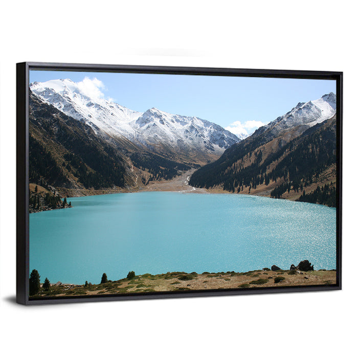 Big Almaty Lake Wall Art as a framed canvas