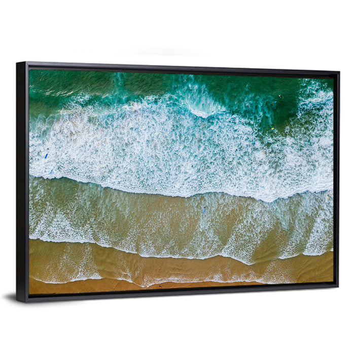 Aerial Teal Beach with Surfers Wall Art as a framed canvas
