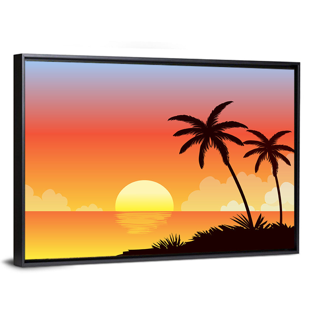 Tropical Beach Sunset Illustration Wall Art