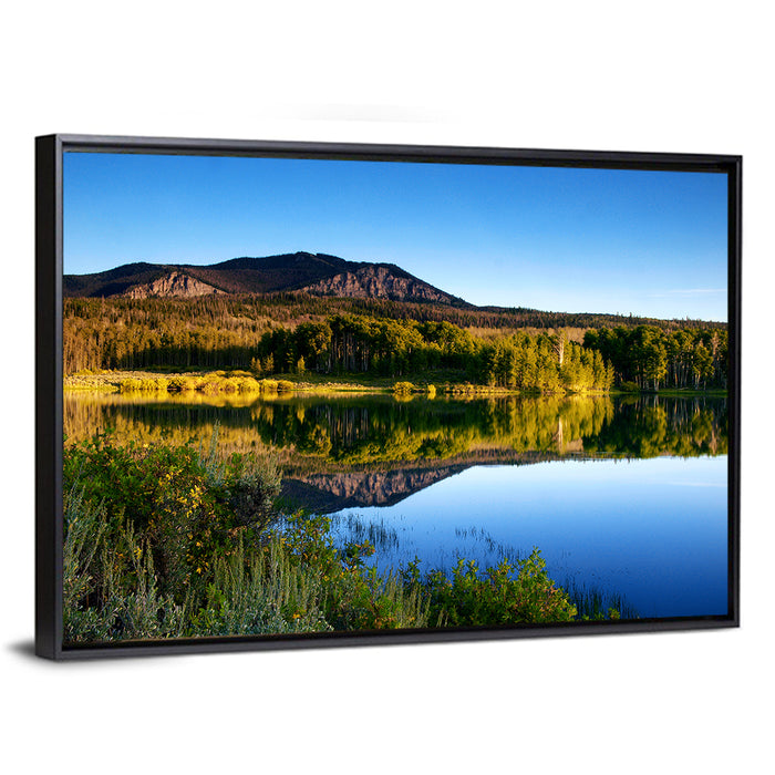 Golden Hour Mountain Lake Wall Art as a framed canvas