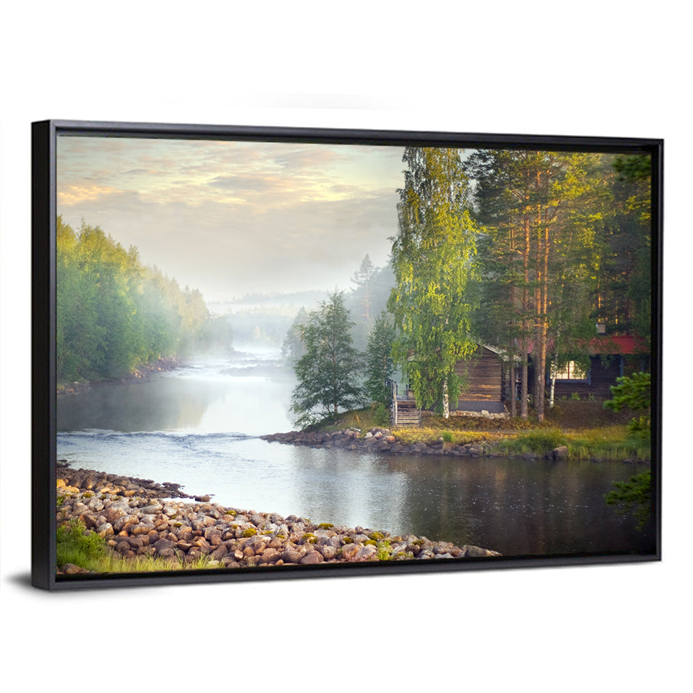 Misty River with Red Roof Cabin Wall Art