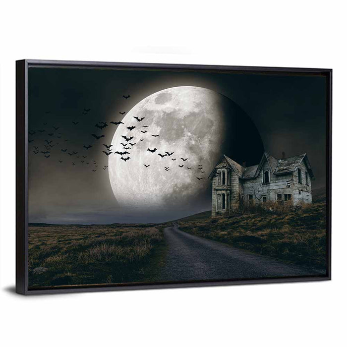 Haunted House Under Full Moon Wall Art as a framed canvas