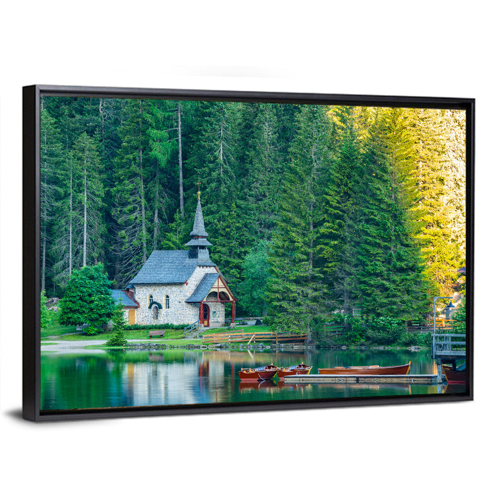Lago Di Braies Chapel Reflection Wall Art