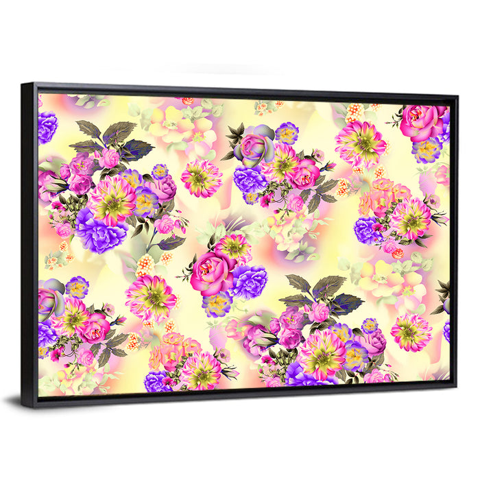 Roses and Iris Floral Pattern Wall Art as a framed canvas