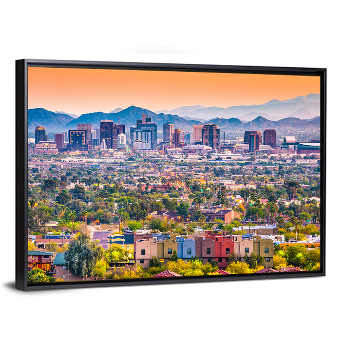 Phoenix Golden Hour Cityscape Wall Art as a framed canvas