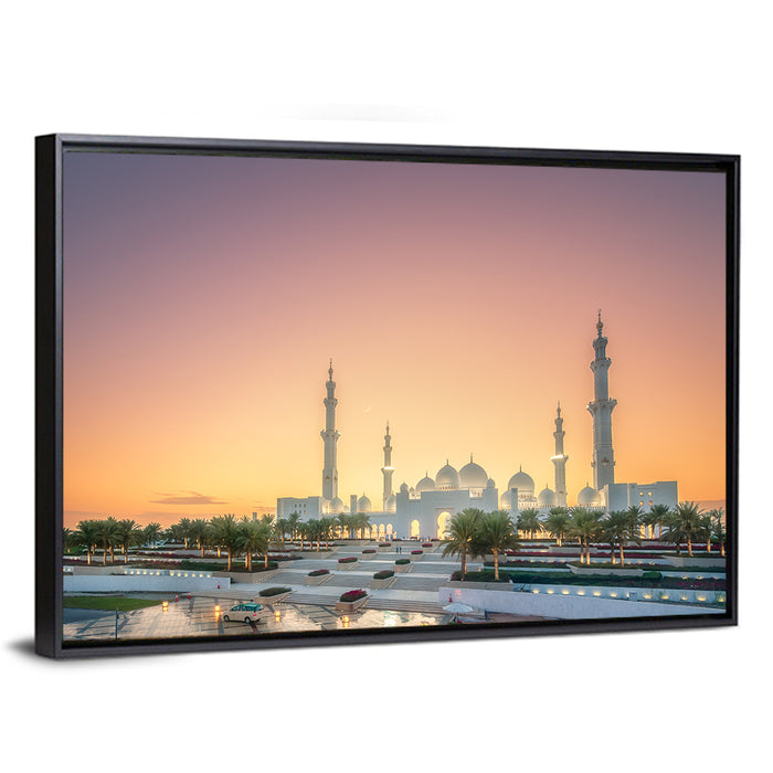 Sheikh Zayed Grand Mosque at Sunset Wall Art as a framed canvas