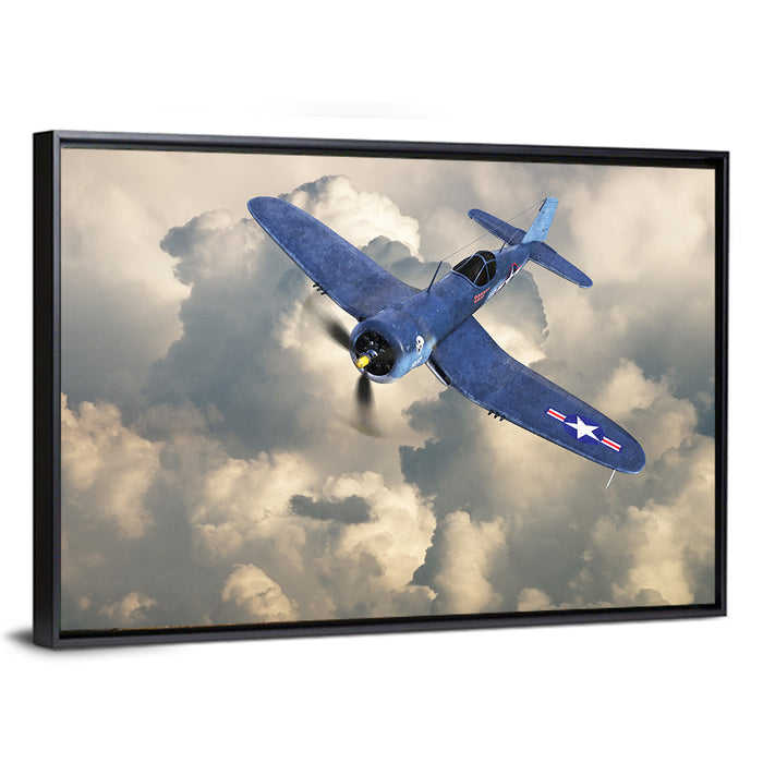 Wwii Fighter Plane Over Clouds Wall Art as a framed canvas