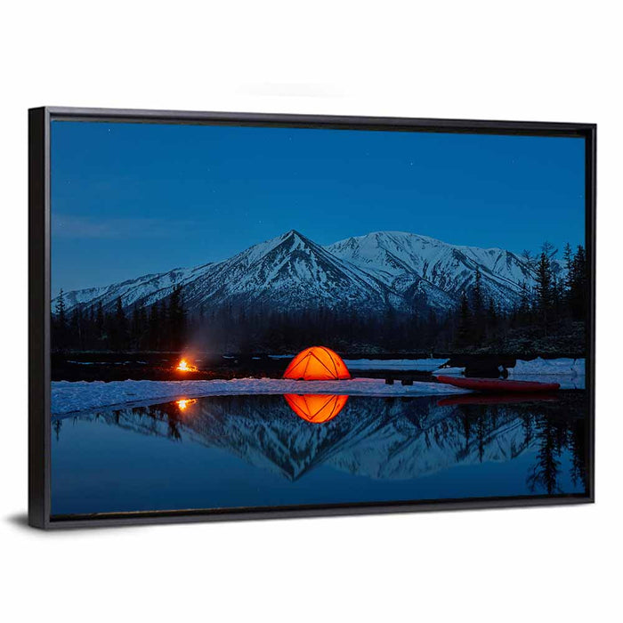 Glowing Tent at Mountain Lake Wall Art as a framed canvas