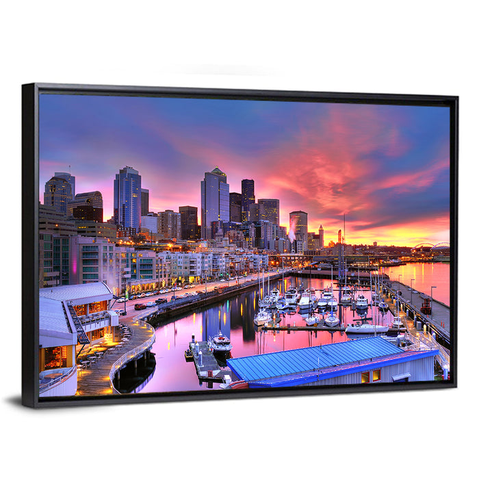 Seattle Skyline at Sunset Wall Art as a framed canvas