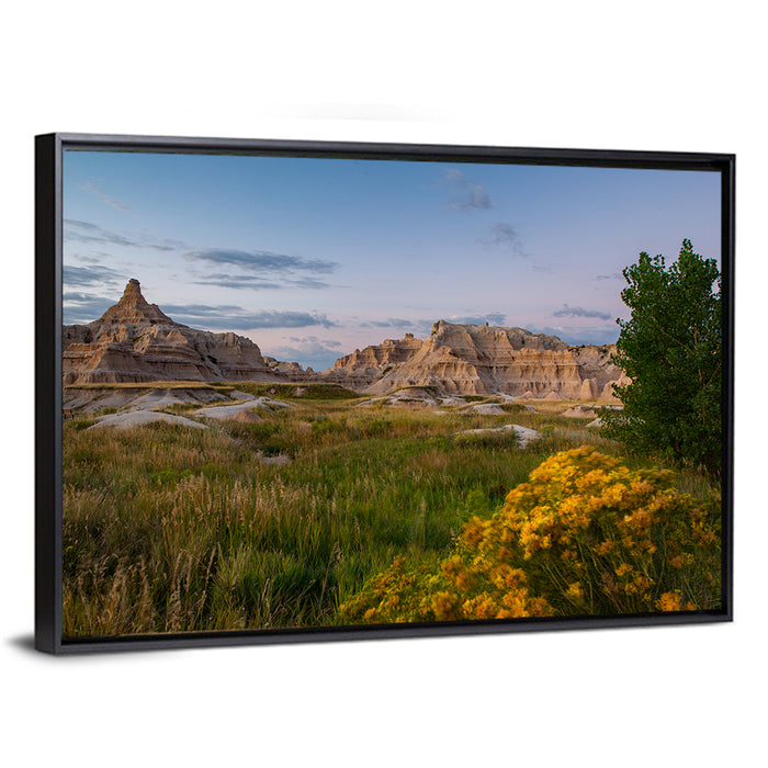 Badlands Golden Hour Meadow Wall Art as a framed canvas