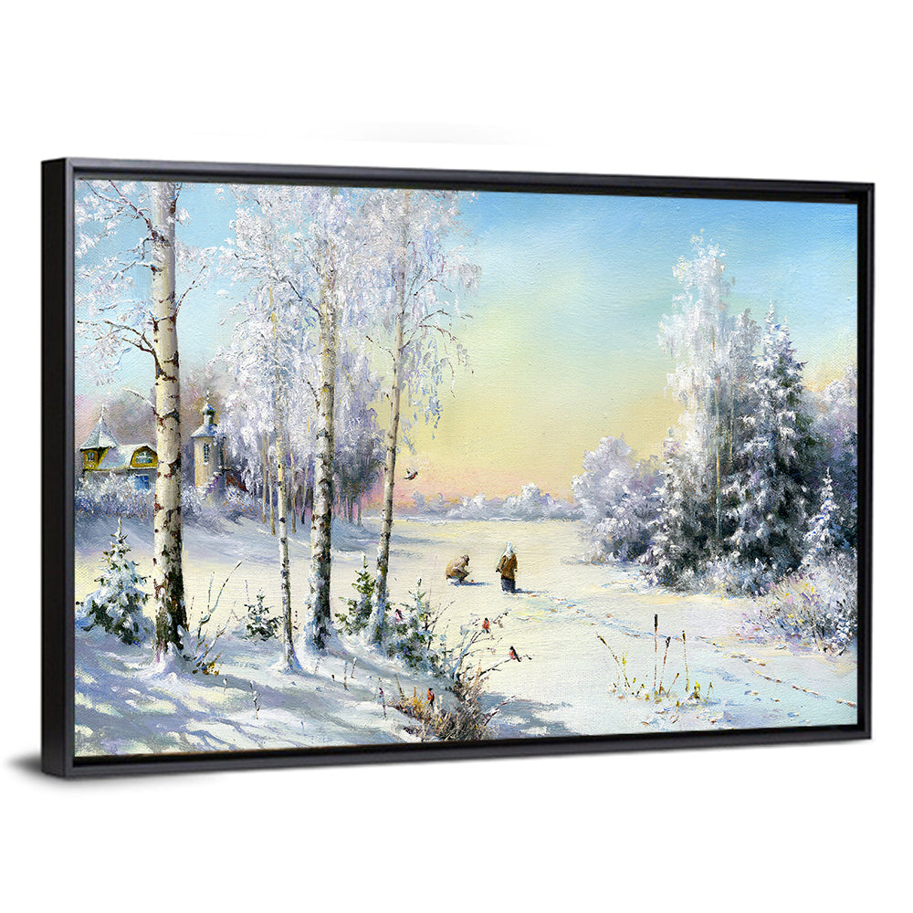 Birch-framed Winter Village Wall Art