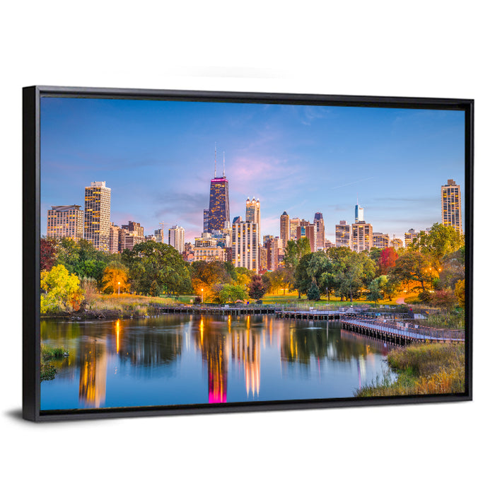 Chicago Skyline at Twilight Wall Art as a framed canvas