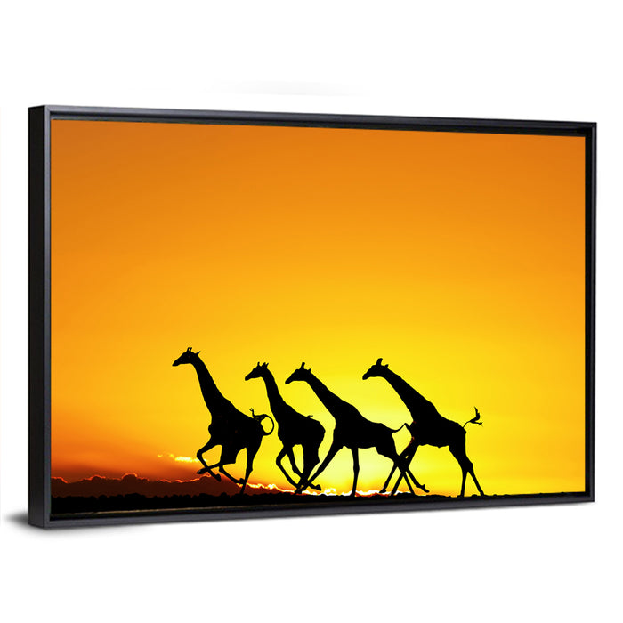 Savanna Giraffes at Sunset Wall Art as a framed canvas