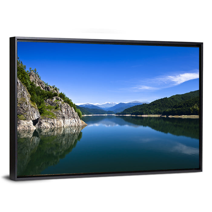 Calm Mountain Lake Reflection Wall Art as a framed canvas